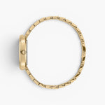 JONES + CO Jane watch featuring a gold-plated stainless steel bracelet and 23mm oval case, side profile view.