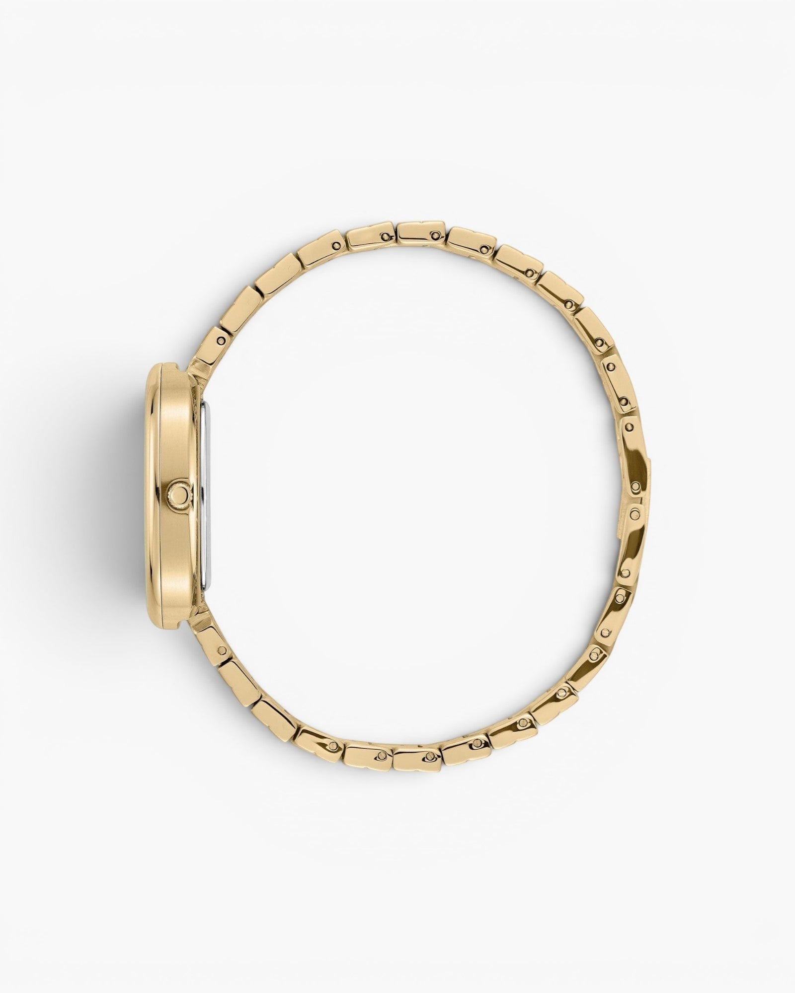 JONES + CO Jane watch featuring a gold-plated stainless steel bracelet and 23mm oval case, side profile view.
