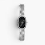 JONES + CO Jane Small Tethered watch with a silver woven mesh bracelet and a black oval dial.