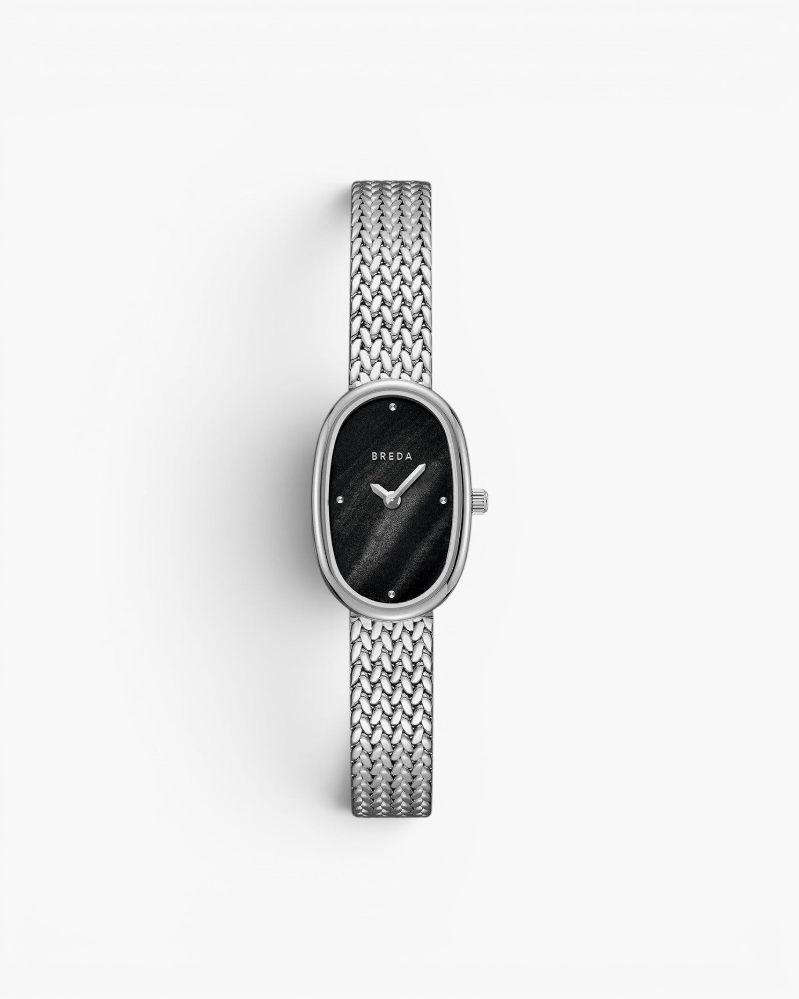 JONES + CO Jane Small Tethered watch with a silver woven mesh bracelet and a black oval dial.