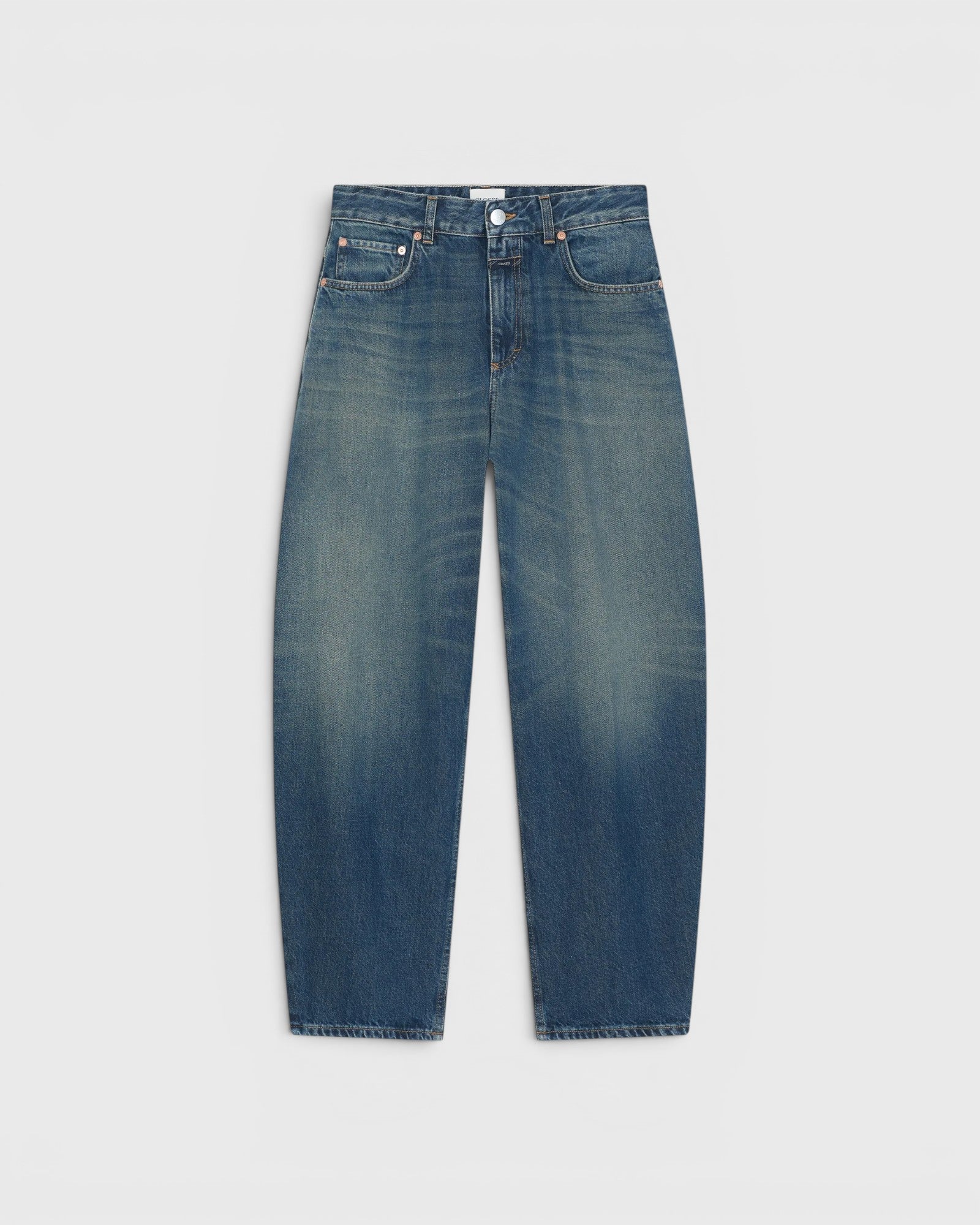 JONES + CO Jazzie barrel jeans in dark blue denim with a mid-rise waist and cropped leg silhouette.
