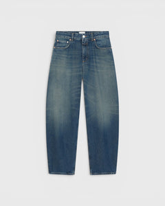JONES + CO Jazzie barrel jeans in dark blue denim with a mid-rise waist and cropped leg silhouette.