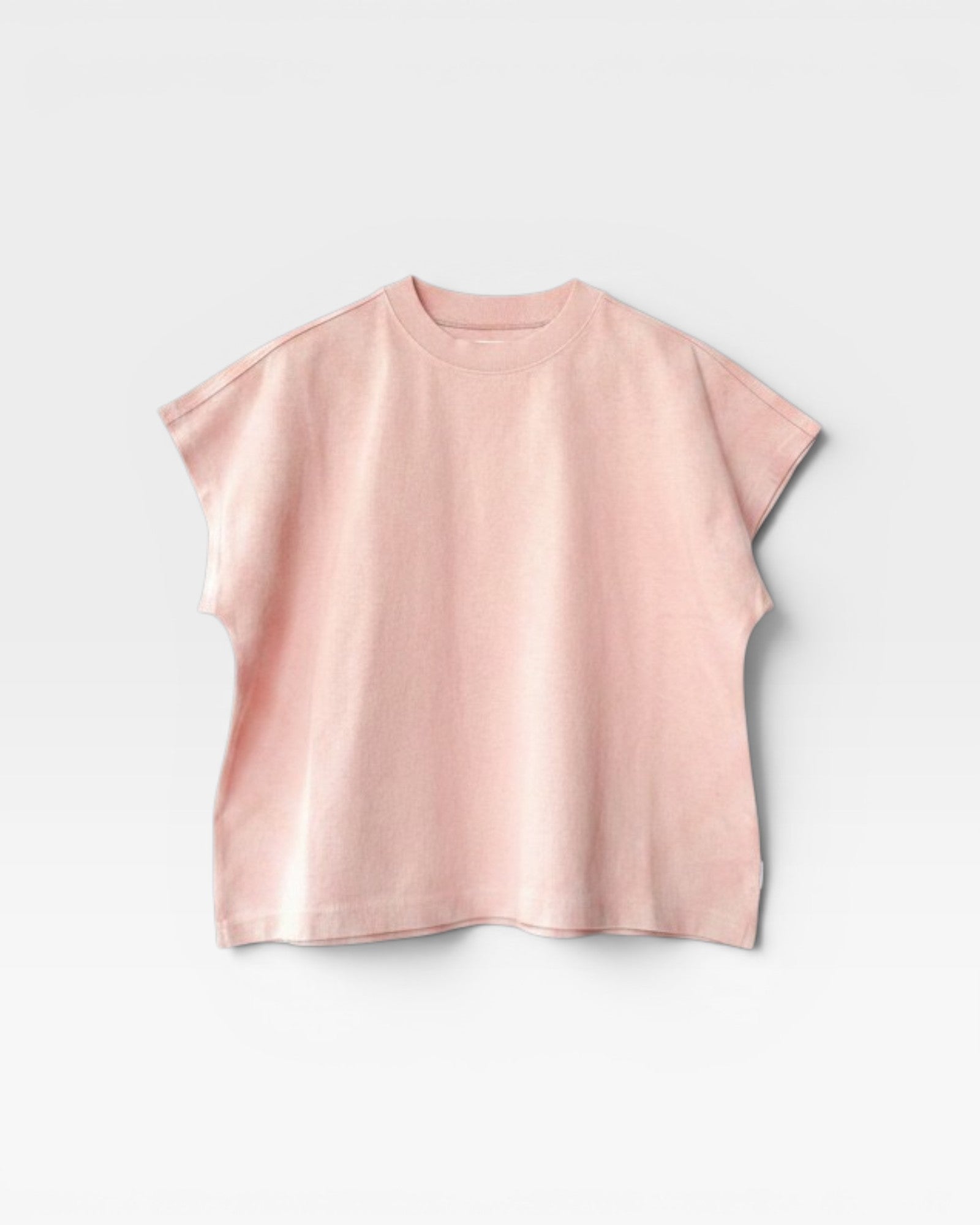 JONES + CO Jeanne muscle tee in baby pink with a high crew neck, wide neckband, and dolman sleeves.