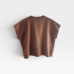 JONES + CO Jeanne muscle tee in chocolate brown with dolman sleeves and a wide crew neckband, back view.