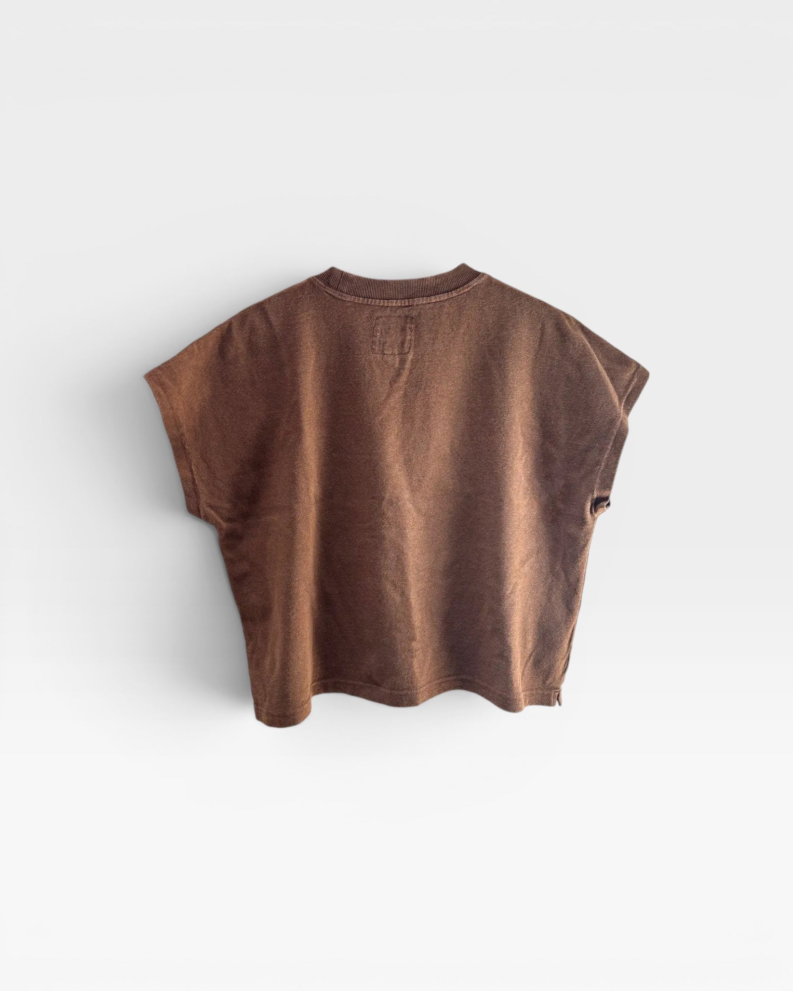 JONES + CO Jeanne muscle tee in chocolate brown with dolman sleeves and a wide crew neckband, back view.