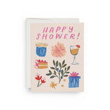JONES + CO Joyful Shower greeting card with colorful hand-drawn illustrations of cake, gifts, and flowers.