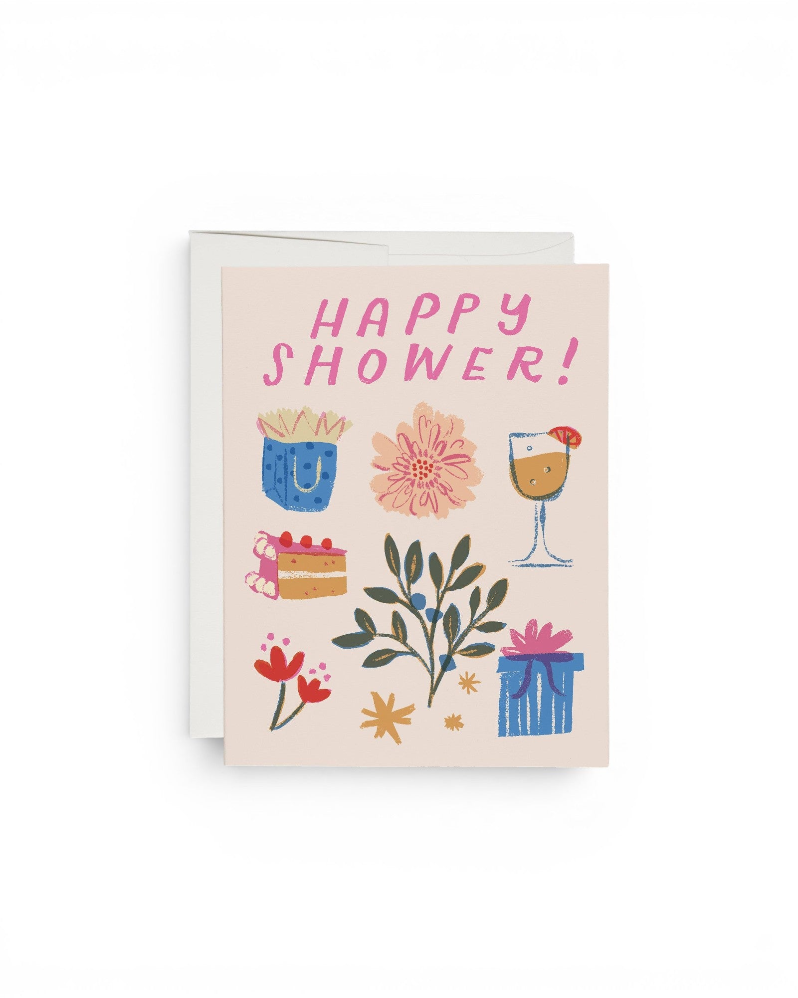JONES + CO Joyful Shower greeting card with colorful hand-drawn illustrations of cake, gifts, and flowers.