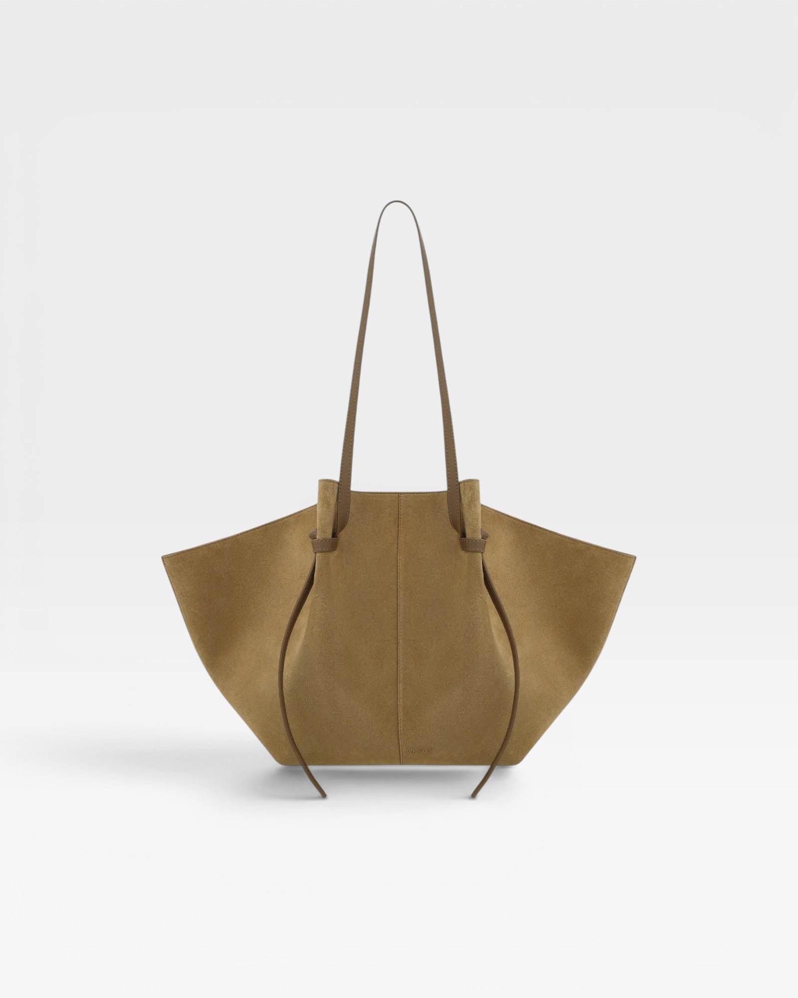 JONES + CO Large Mochi tote bag in fennel suede with organic curves, knotted details, and slim shoulder straps.