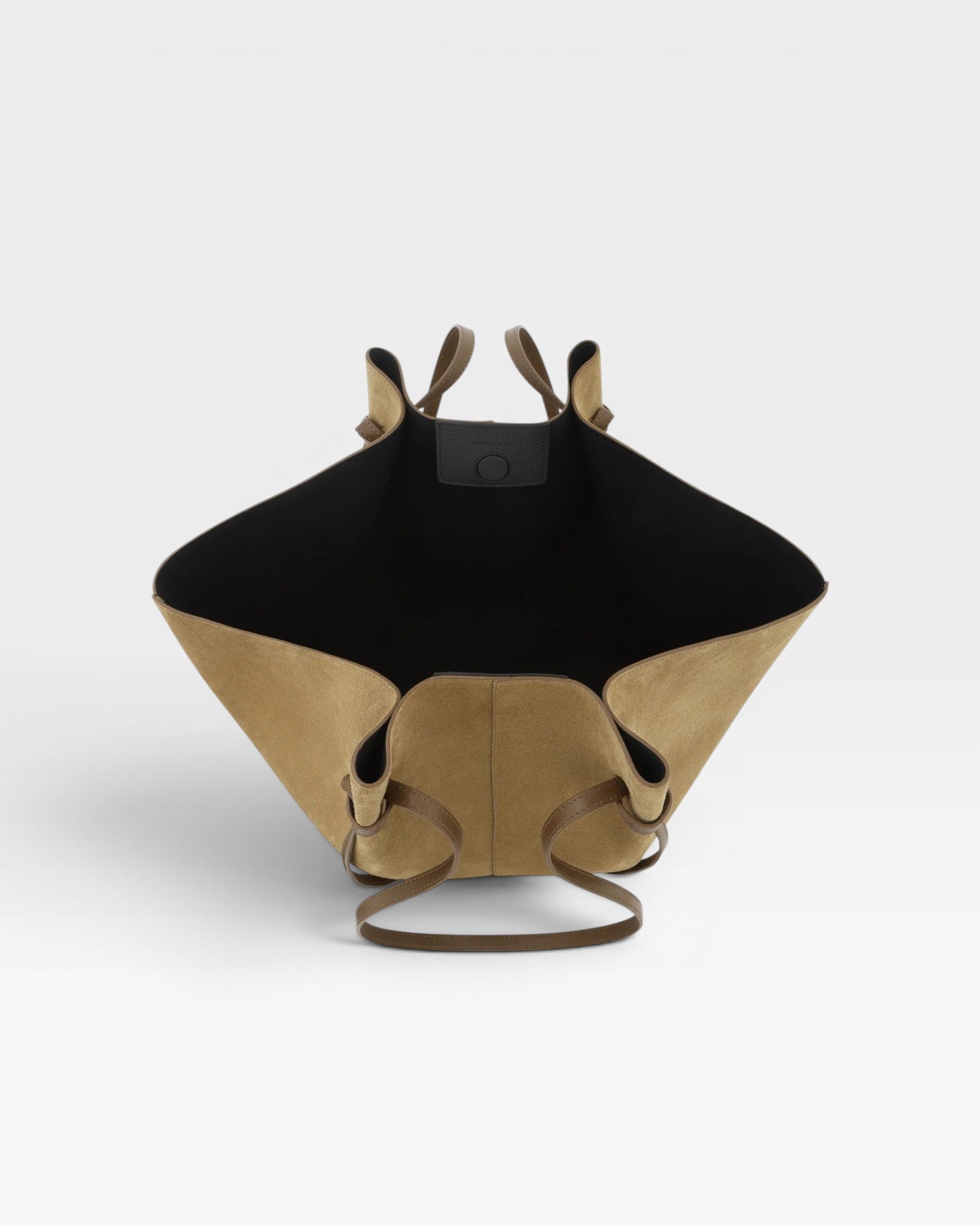 JONES + CO Large Mochi tote bag in fennel suede with organic knotted curves and open interior view