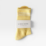 JONES + CO lemonade yellow Boyfriend Socks with white double stripes, ribbed texture, and breathable mesh detailing.