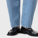 JONES + CO Jazzie barrel jeans in light blue denim worn with black leather loafers