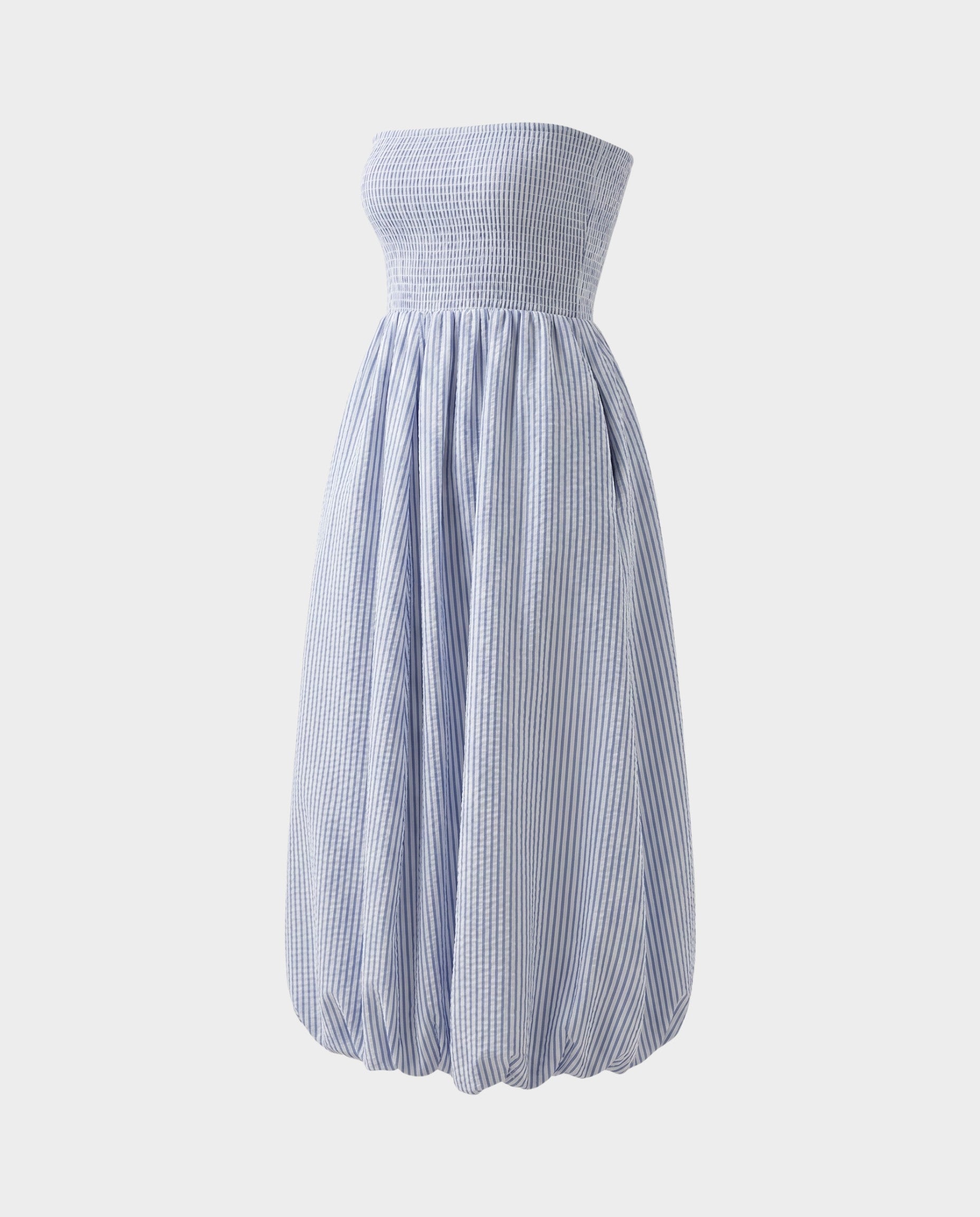 JONES + CO Lunaire midi dress in light blue striped cotton with a strapless shirred bodice and bubble hem skirt.