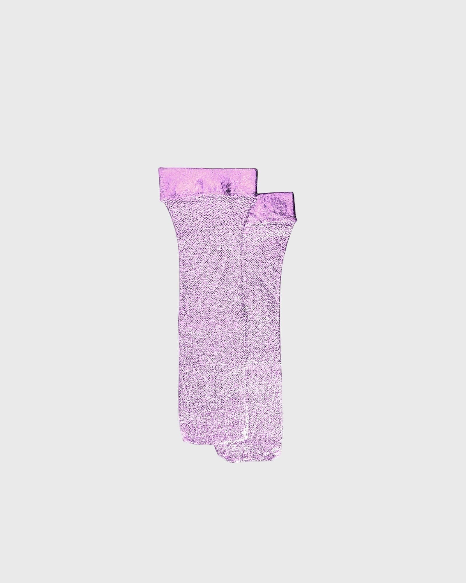 JONES + CO lilac net laminated ribbed silk socks for women, handcrafted in Italy with a shimmering metallic finish.
