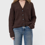 JONES + CO mahogany brown alpaca-blend V-neck cardigan with button front, ribbed cuffs, and hem on a model