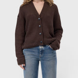 JONES + CO mahogany brown alpaca-blend V-neck cardigan with button front, ribbed cuffs, and hem on a model