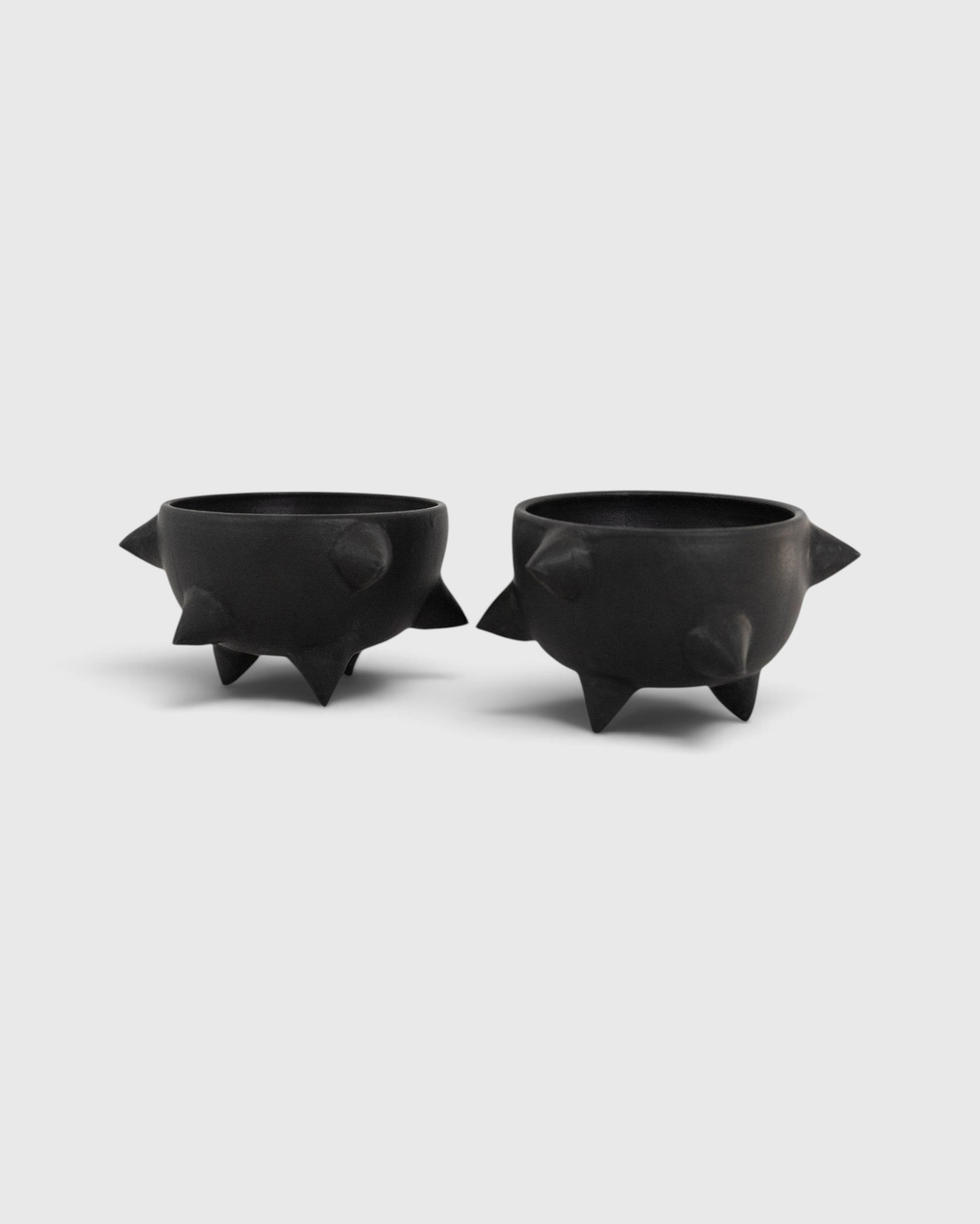 JONES + CO Spike Bowl set in matte black handthrown ceramic with sculptural spikes and three tapered feet