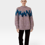 JONES + CO fleecy alpaca blend raglan pullover in mauve with a blue graphic intarsia pattern on the chest