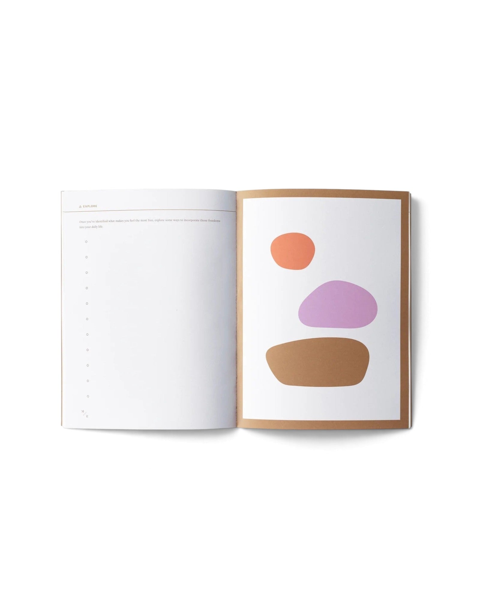 JONES + CO Me-est Me Journal open to a page with guided prompts and organic abstract art by Hanna Snyder