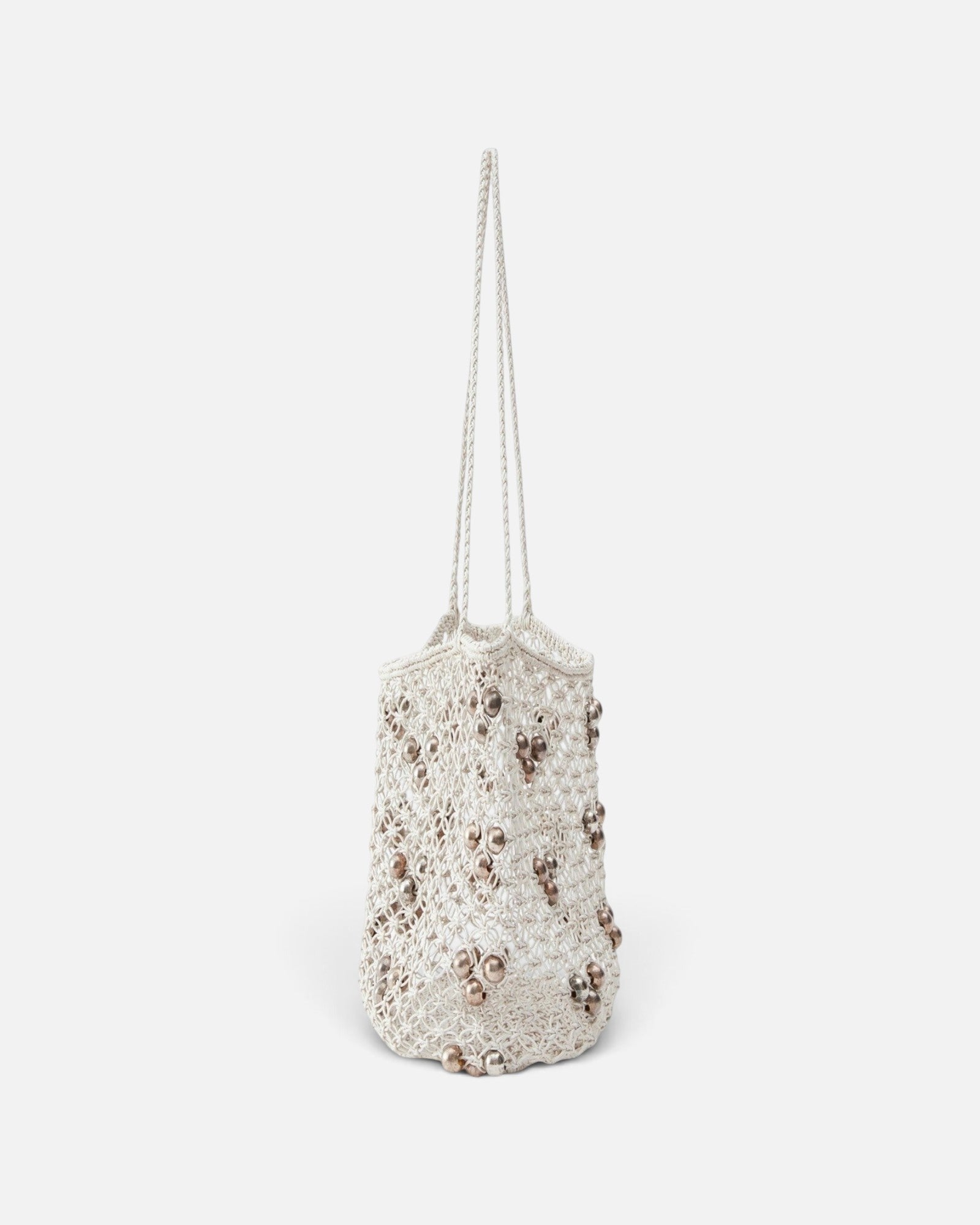 JONES + CO Mini Web Bag in silver featuring intricate macrame leather weaving and decorative bamboo beads.