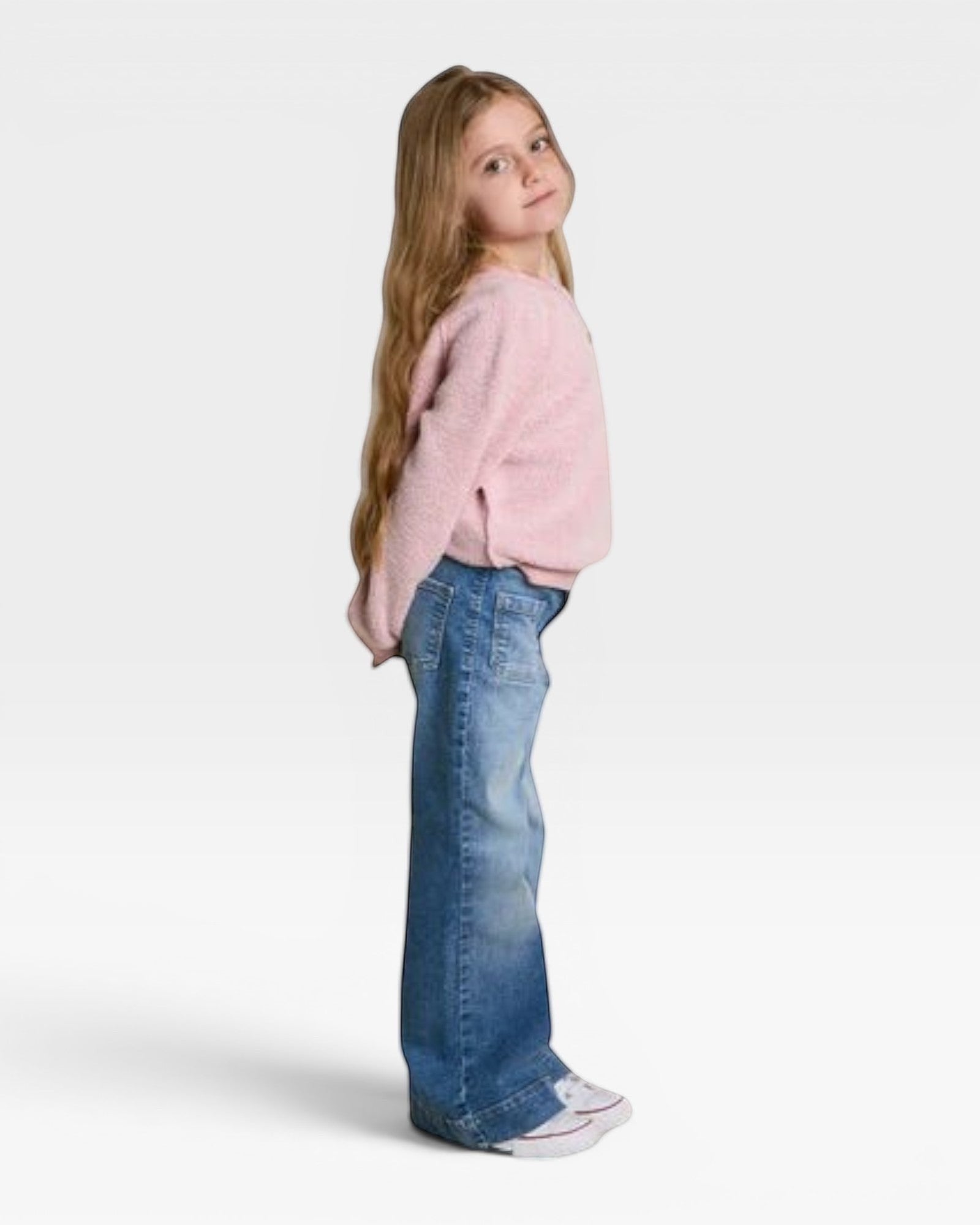 JONES + CO Mini Ziggy sweatshirt in vintage pink soft cotton fleece worn by a young girl with blue jeans