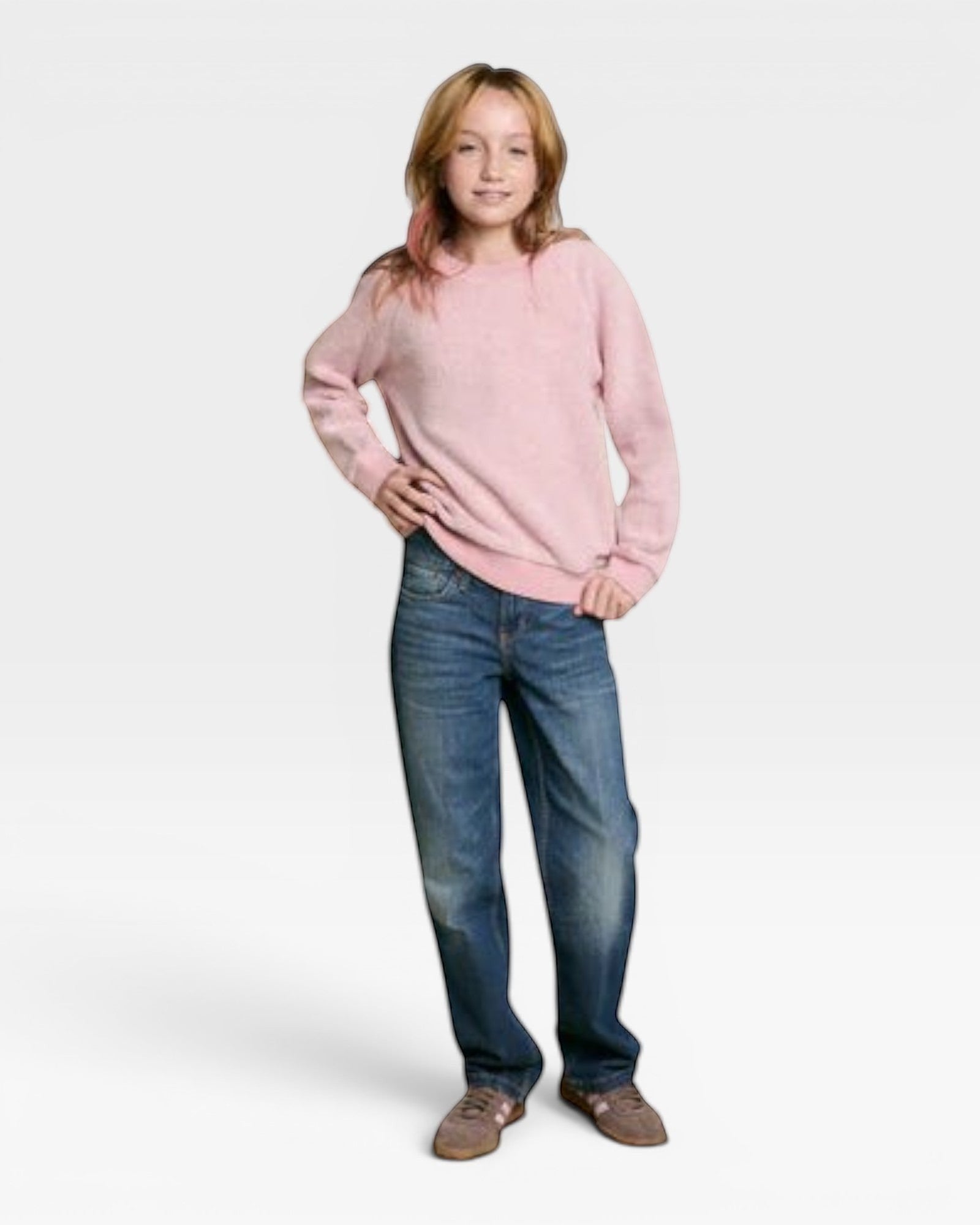 JONES + CO Mini Ziggy sweatshirt in vintage pink soft cotton fleece worn by a young girl with blue jeans