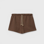 JONES + CO Bennie shorts in mocha and charcoal stripe french terry cotton with an elastic waistband and drawcord.