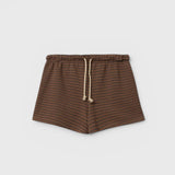 JONES + CO Bennie shorts in mocha and charcoal stripe french terry cotton with an elastic waistband and drawcord.