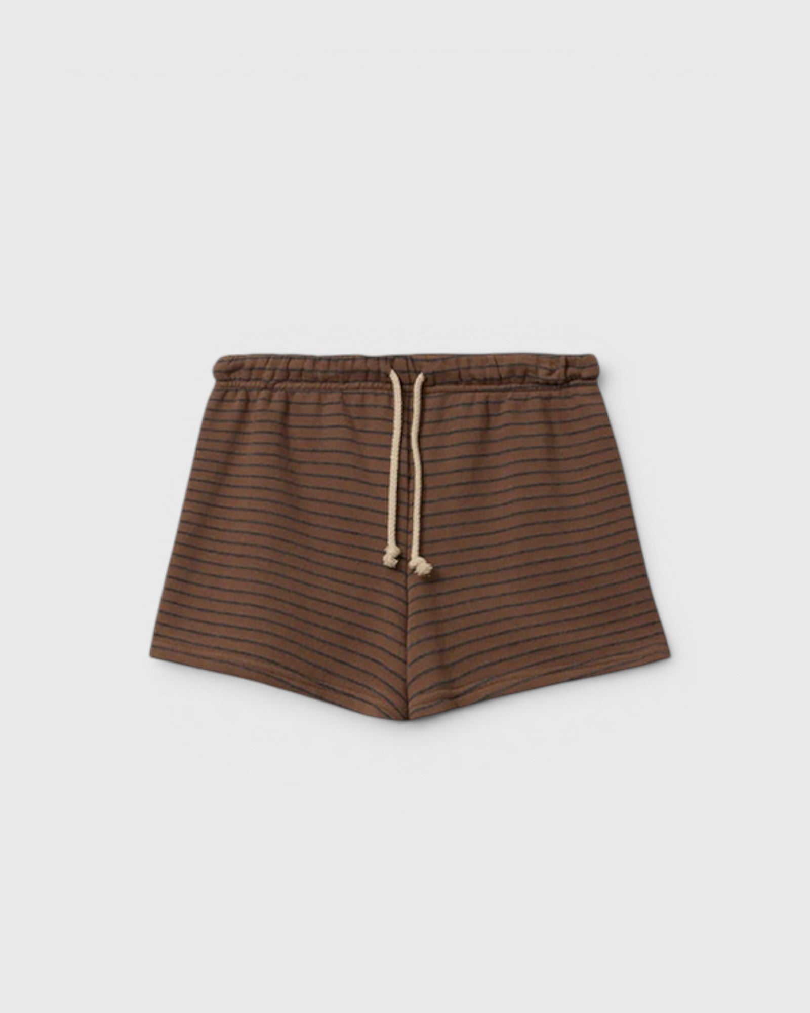 JONES + CO Bennie shorts in mocha and charcoal stripe french terry cotton with an elastic waistband and drawcord.