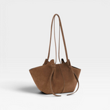 JONES + CO Mochi tote bag in cognac Italian suede featuring organic curves, folds, and knotted shoulder straps.
