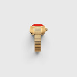 JONES + CO Nocturne Time Ring in 18K deep gold-plated stainless steel with a vibrant flame-colored crystal face.