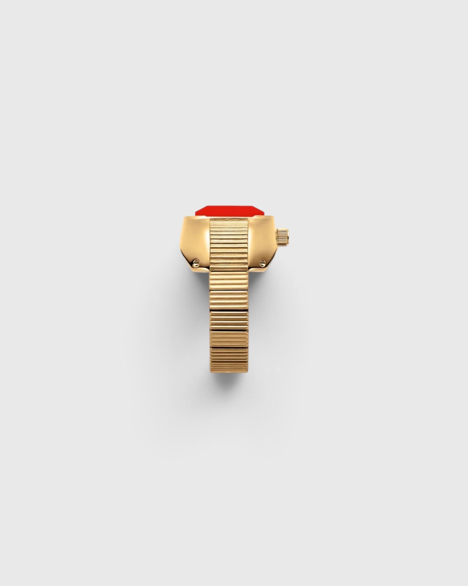 JONES + CO Nocturne Time Ring in 18K deep gold-plated stainless steel with a vibrant flame-colored crystal face.