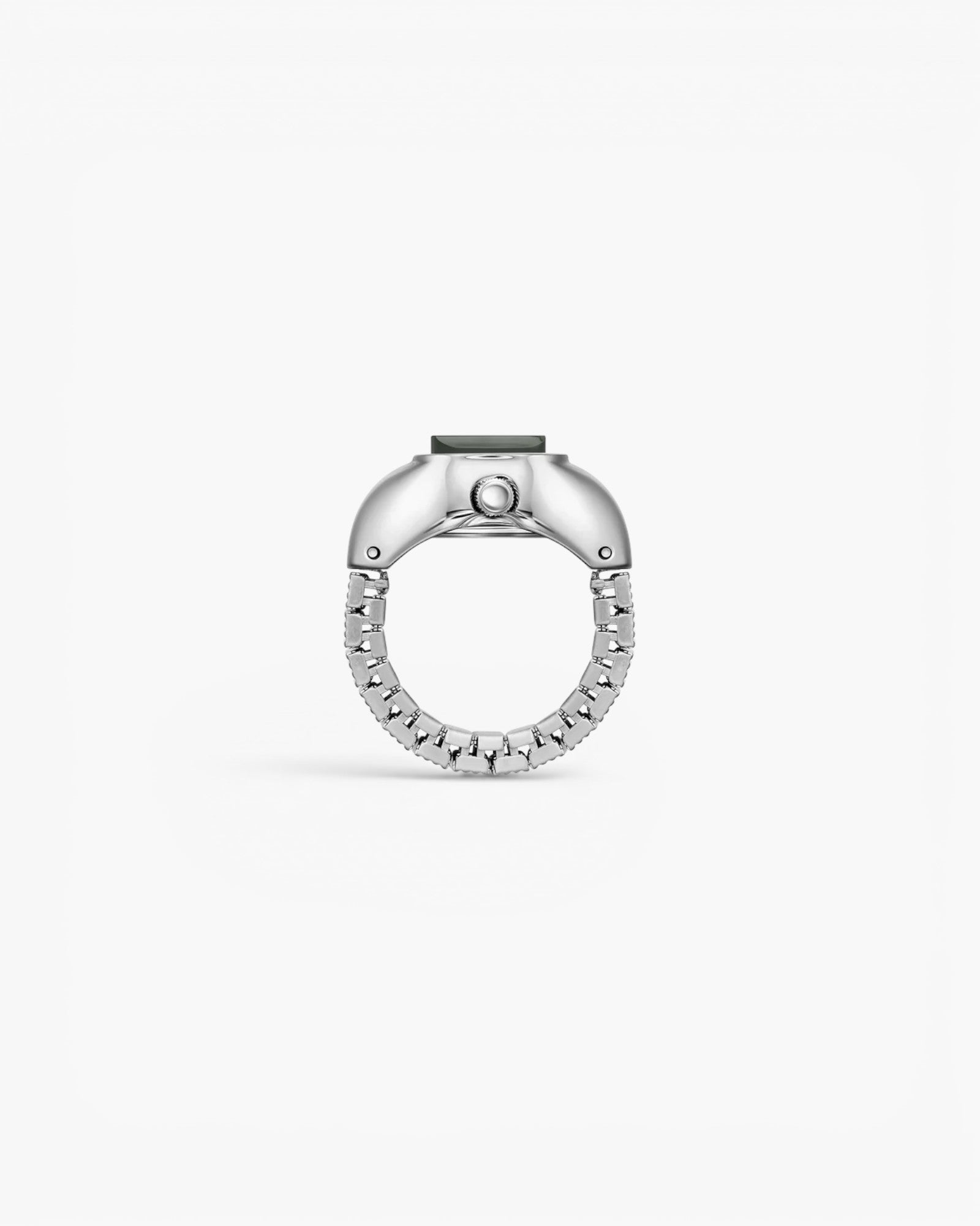 JONES + CO Nocturne Time Ring featuring a silver stainless steel expandable band and a smoke-colored crystal face.