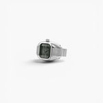 JONES + CO BREDA Nocturne Time Ring in silver stainless steel with a smoke-colored crystal and expandable band.