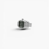 JONES + CO BREDA Nocturne Time Ring in silver stainless steel with a smoke-colored crystal and expandable band.