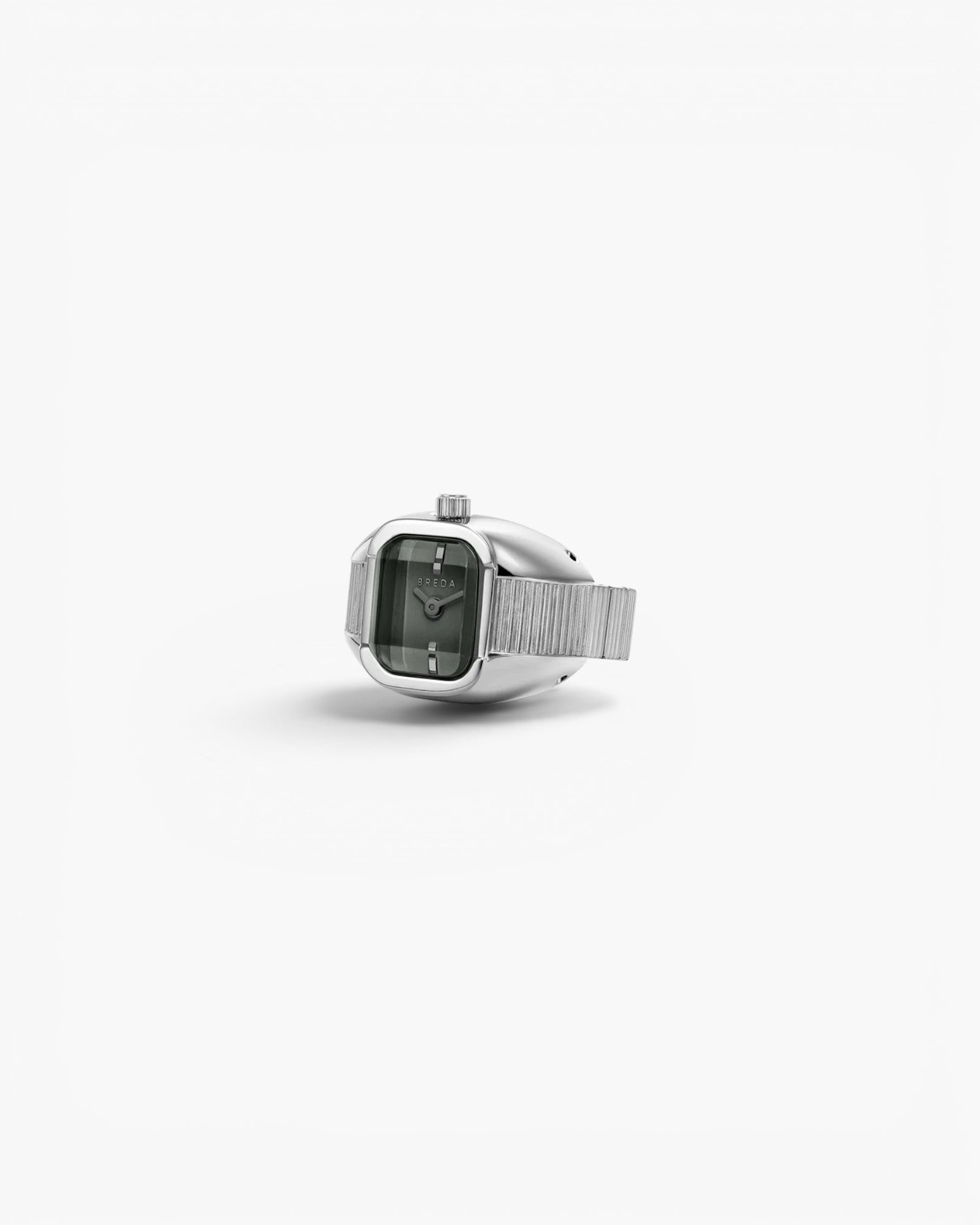 JONES + CO BREDA Nocturne Time Ring in silver stainless steel with a smoke-colored crystal and expandable band.