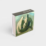 JONES + CO Nue matchbox featuring artistic green and blue abstract figures on a double-sided cardboard box.
