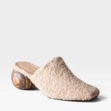 JONES + CO Mina mule in oatmeal alpaca wool with a unique sculpted round wooden heel and slip-on design.