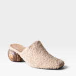 JONES + CO Mina mule in oatmeal alpaca wool with a unique sculpted round wooden heel and slip-on design.