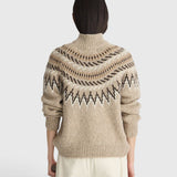 JONES + CO oatmeal Fair Isle mock neck sweater with ribbed trim, viewed from the back on a model.