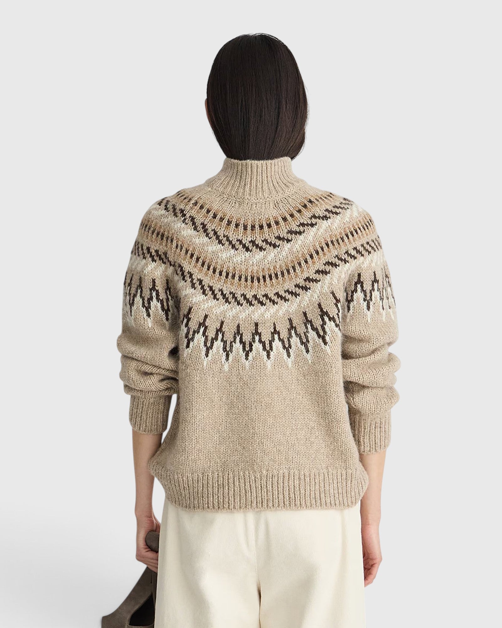 JONES + CO oatmeal Fair Isle mock neck sweater with ribbed trim, viewed from the back on a model.