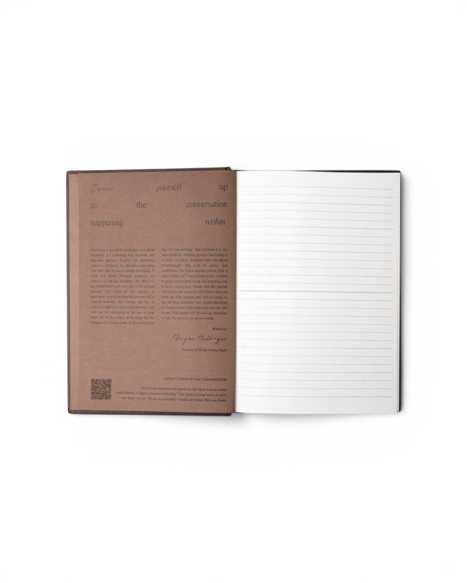JONES + CO Open Journal with dark brown cover, open to a lined page with introductory text and a QR code.