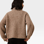 JONES + CO oversized shawl cardigan in dark fawn alpaca and Pima cotton blend, back view showing ribbed texture.