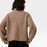 JONES + CO oversized shawl cardigan in dark fawn alpaca and Pima cotton blend, back view showing ribbed texture.