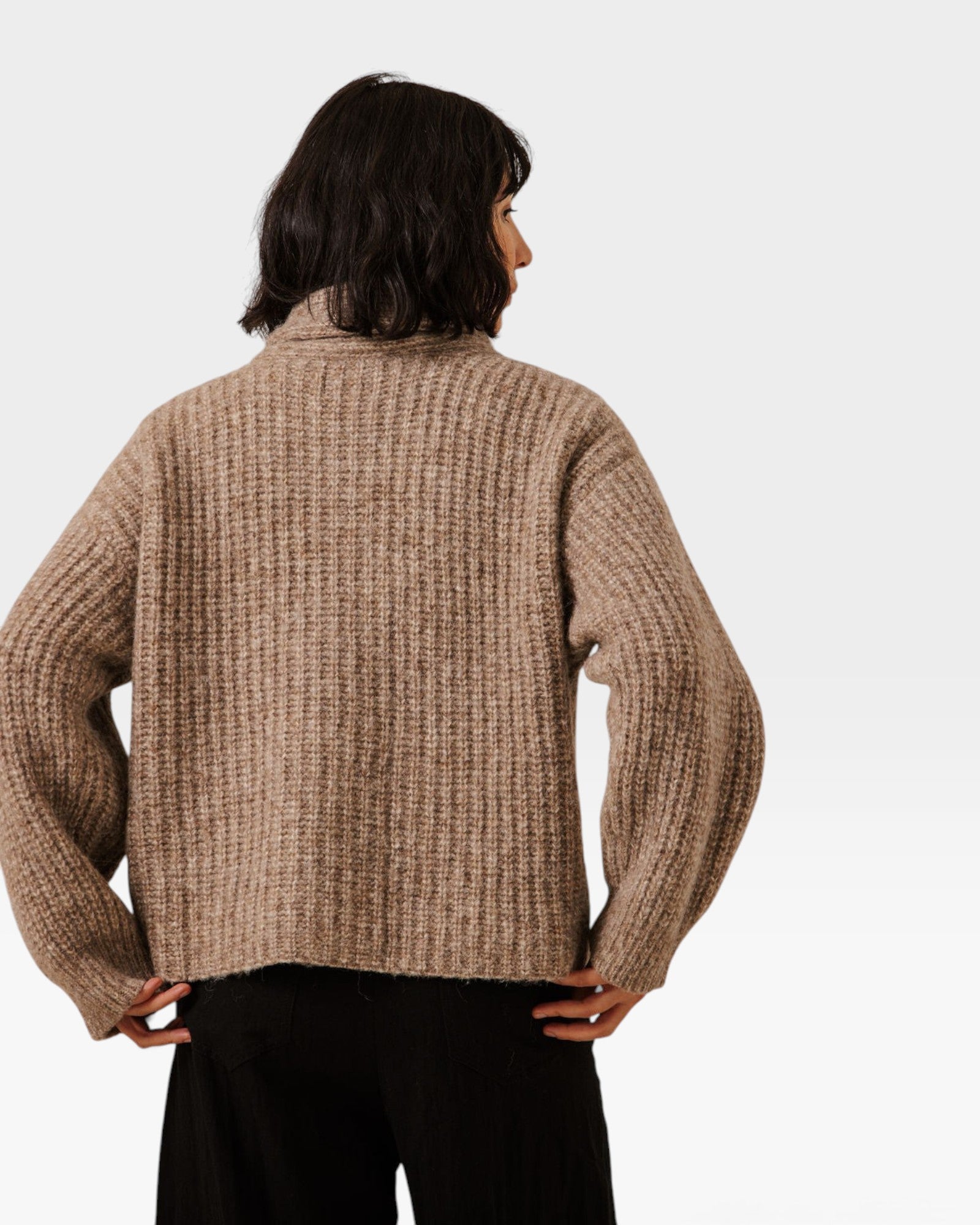 JONES + CO oversized shawl cardigan in dark fawn alpaca and Pima cotton blend, back view showing ribbed texture.