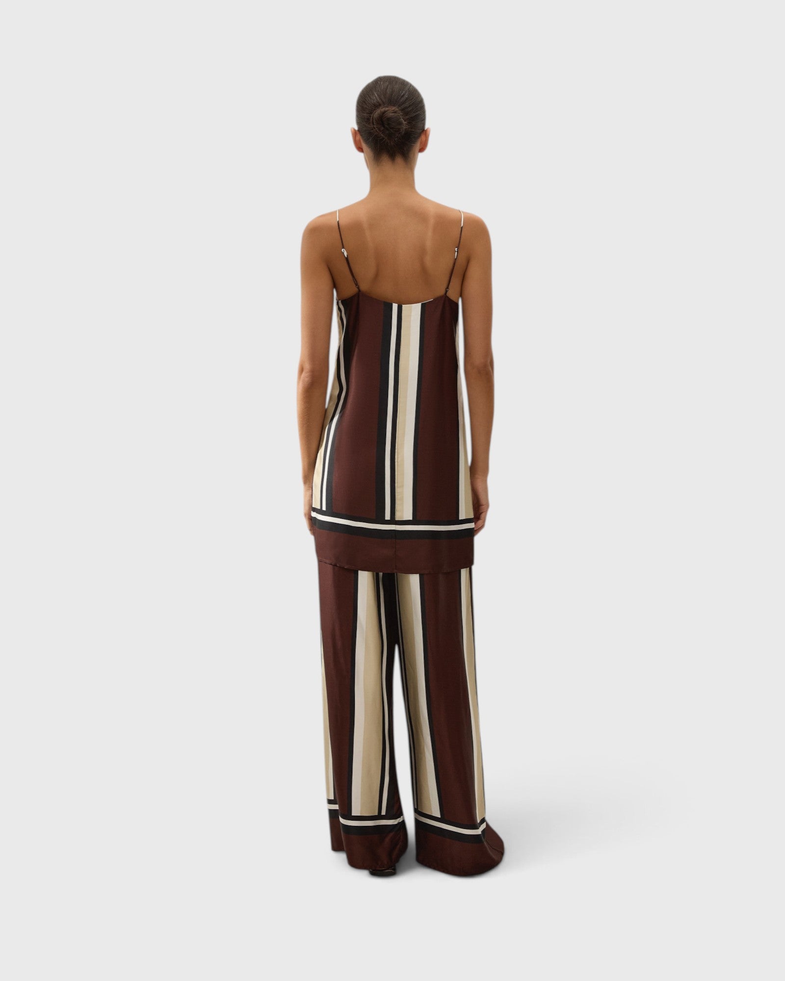 JONES + CO Phylis mini slip dress in brown Sintra stripe viscose satin with adjustable straps, back view
