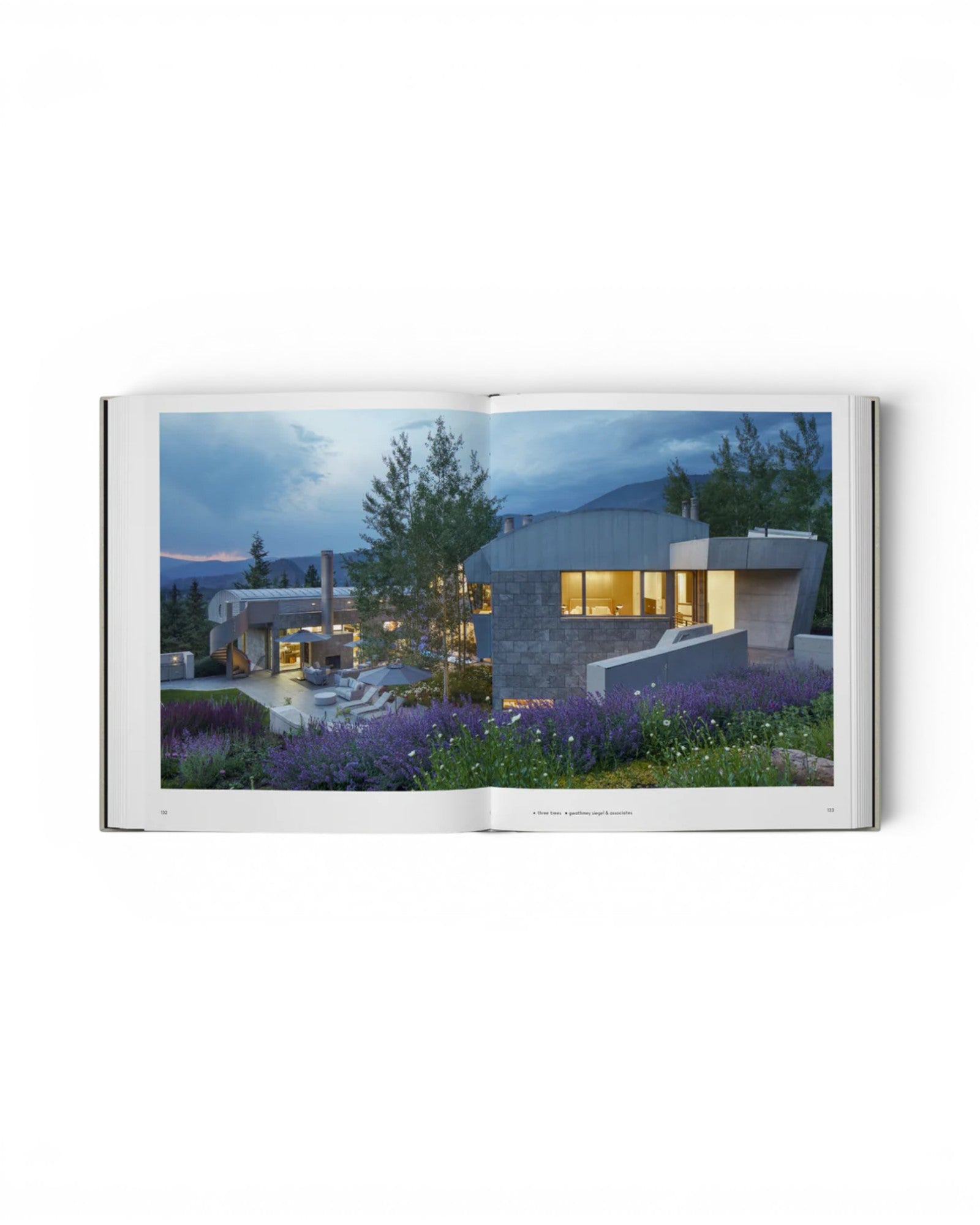 JONES + CO Private Aspen book open to a photograph of a modern mountain home with stone walls and lavender gardens.