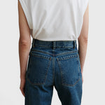 JONES + CO Puerto high-rise straight leg jeans in aged indigo cotton denim, back view on model
