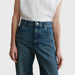 JONES + CO Puerto high-rise straight leg jeans in aged indigo cotton denim with a classic five-pocket design.