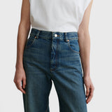 JONES + CO Puerto high-rise straight leg jeans in aged indigo cotton denim with a classic five-pocket design.