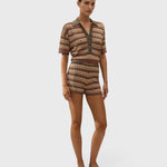 JONES + CO Raya high-rise knit mini shorts in a multi-color Lais stripe pattern with a ribbed waistband and zig zag hem